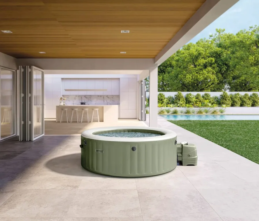 INTEX PureSpa Bubble Massage olívazöld jakuzzi kerti teraszon